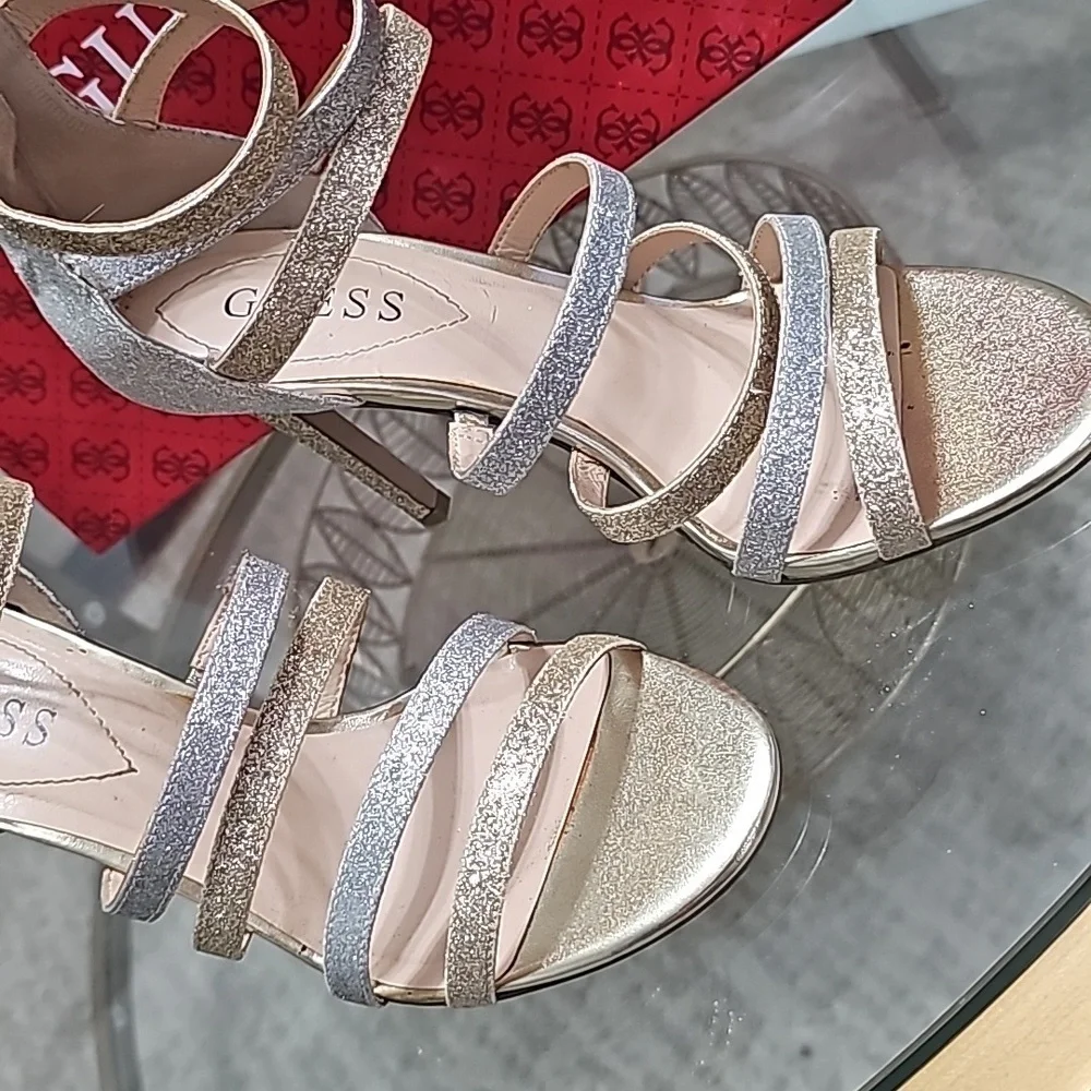 Guess Strappy Pumps Gold & Silver Straps  Stiletto Heels sz 8M